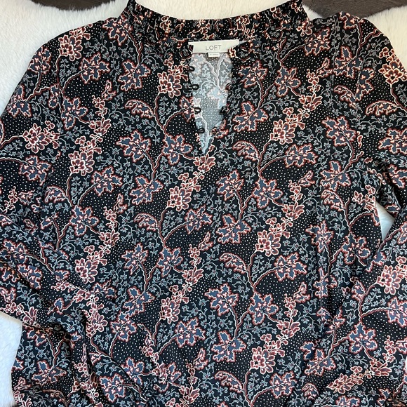 Loft Ruffle Black and Brown Floral Print Mini Dress Perfect for Fall Size Med - Picture 4 of 9